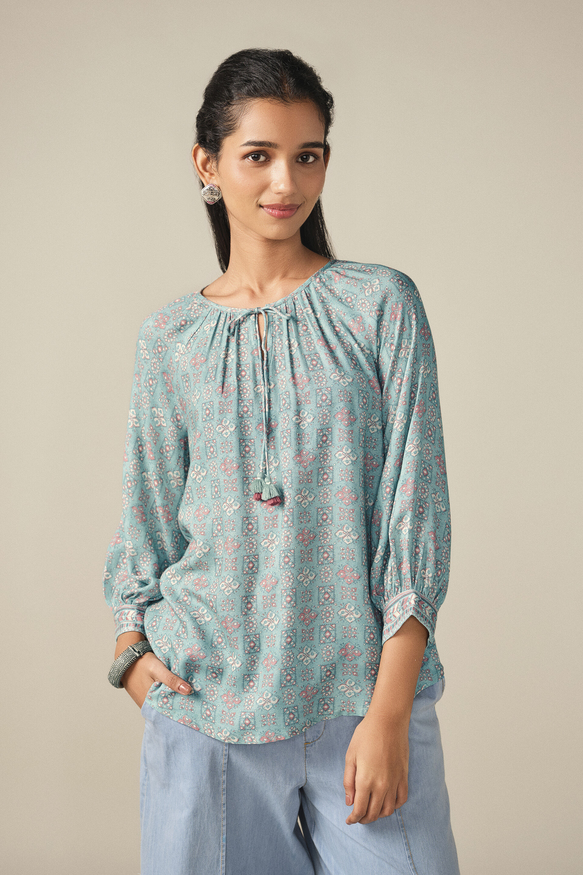 A-Line Printed Peasant Top in Teal